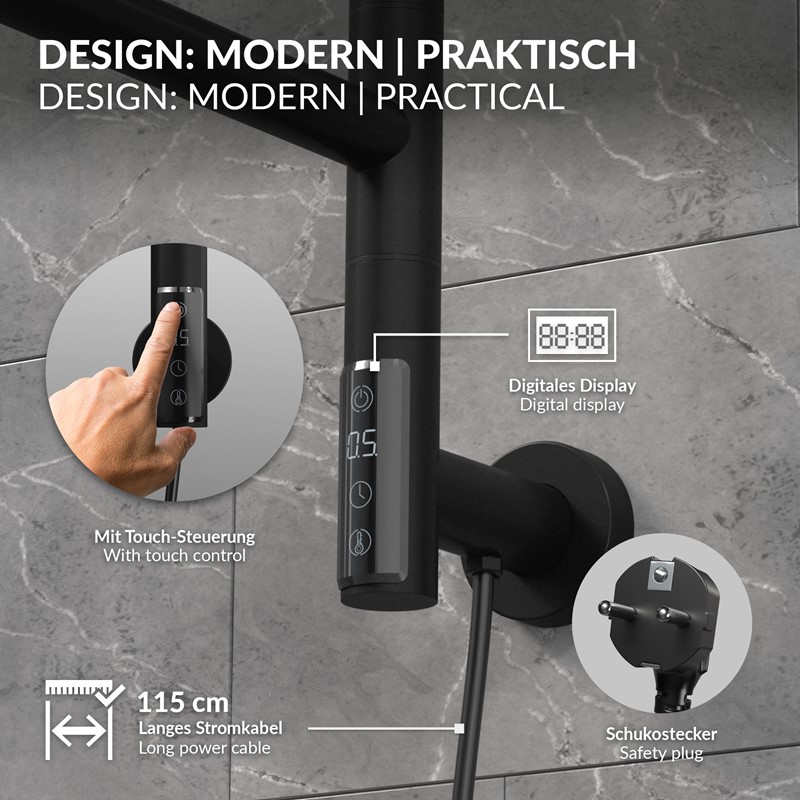 Handtuchwärmer Elektrisch 450x622 mm mit 5 schwenkbaren Armen & Timerfunktion, 75W Handtuchheizkörper Schwarz matt LuxeBath