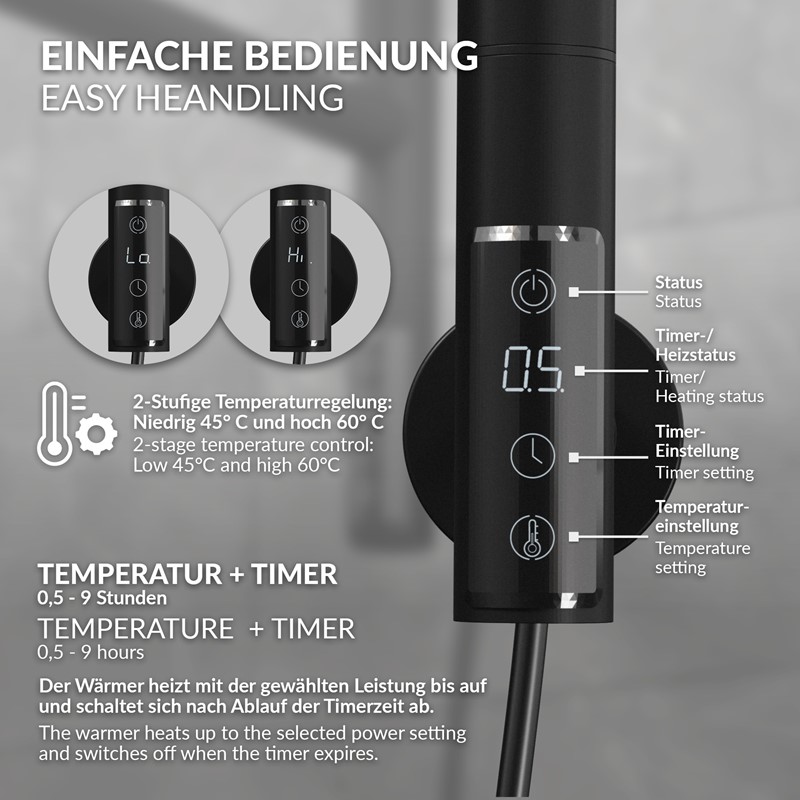 Handtuchwärmer Elektrisch 450x622 mm mit 5 schwenkbaren Armen & Timerfunktion, 75W Handtuchheizkörper Schwarz matt LuxeBath