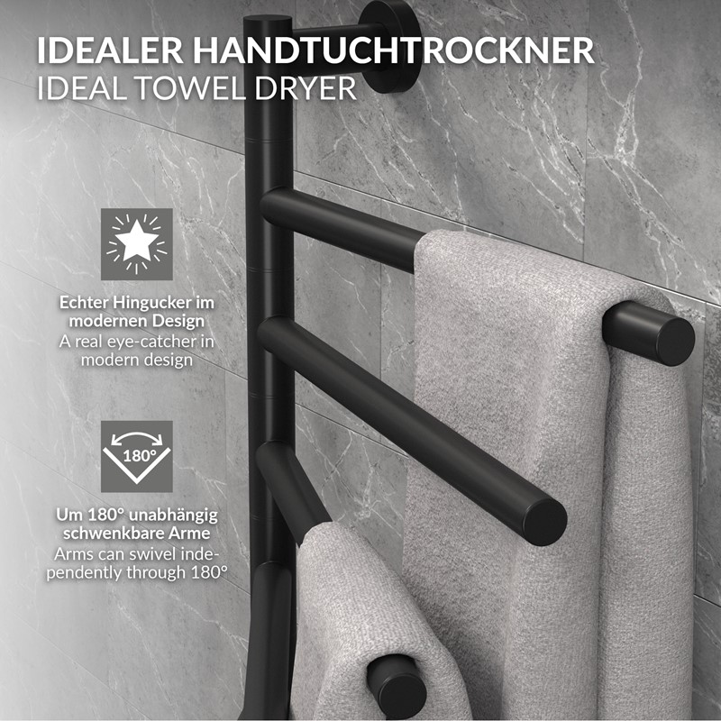 Handtuchwärmer Elektrisch 450x622 mm mit 5 schwenkbaren Armen & Timerfunktion, 75W Handtuchheizkörper Schwarz matt LuxeBath