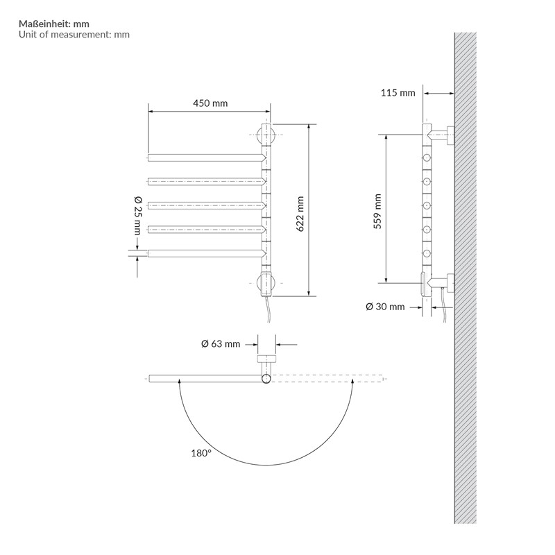 Handtuchwärmer Elektrisch 450x622 mm mit 5 schwenkbaren Armen & Timerfunktion, 75W Handtuchheizkörper Schwarz matt LuxeBath