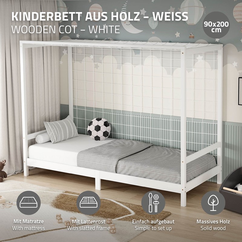 Kinderbett Fußballtor 90x200 cm Weiß aus Kiefernholz mit Matratze H-16cm Handballtor mit Lattenrost & Tornetz ML-Design