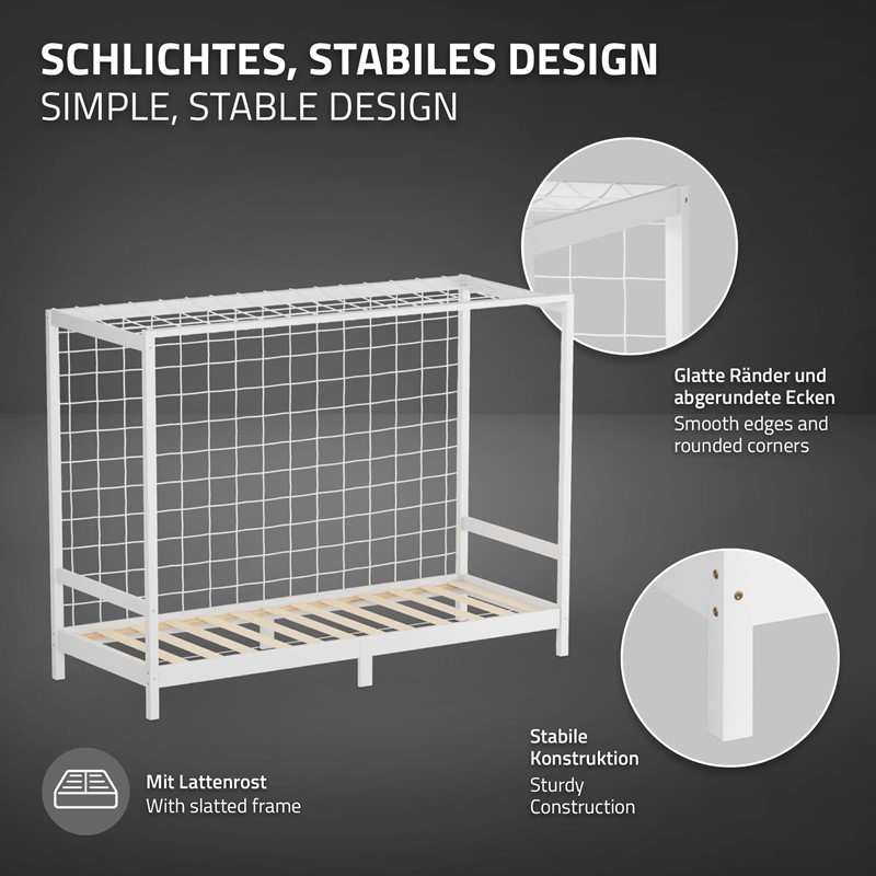 Kinderbett Fußballtor 90x200 cm Weiß aus Kiefernholz mit Matratze H-16cm Handballtor mit Lattenrost & Tornetz ML-Design