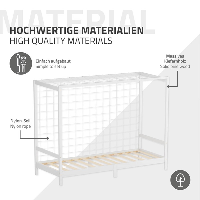 Kinderbett Fußballtor 90x200 cm Weiß aus Kiefernholz mit Matratze H-16cm Handballtor mit Lattenrost & Tornetz ML-Design