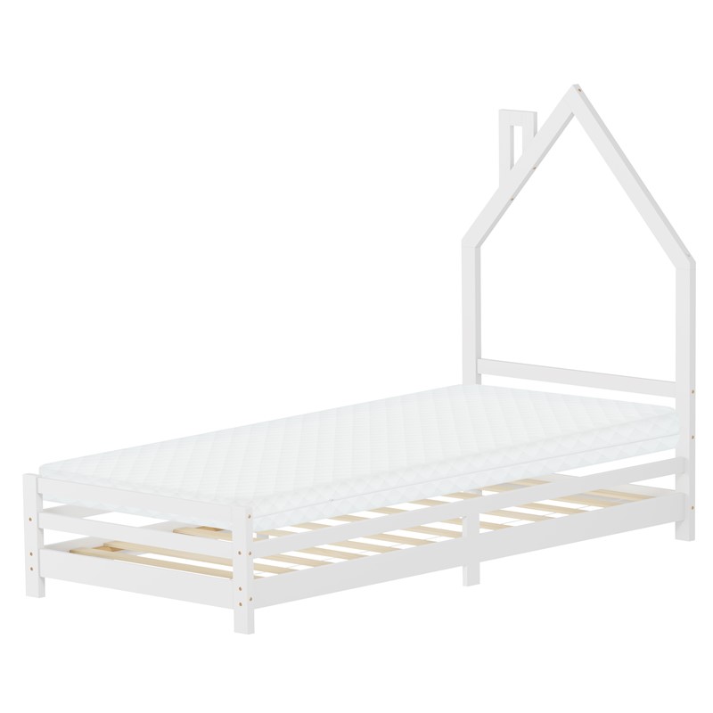 Kinderbett Haus 90x200 cm Weiß mit Matratze H:10cm Holzbett für Kinder mit Lattenrost Schornstein Design ML-Design