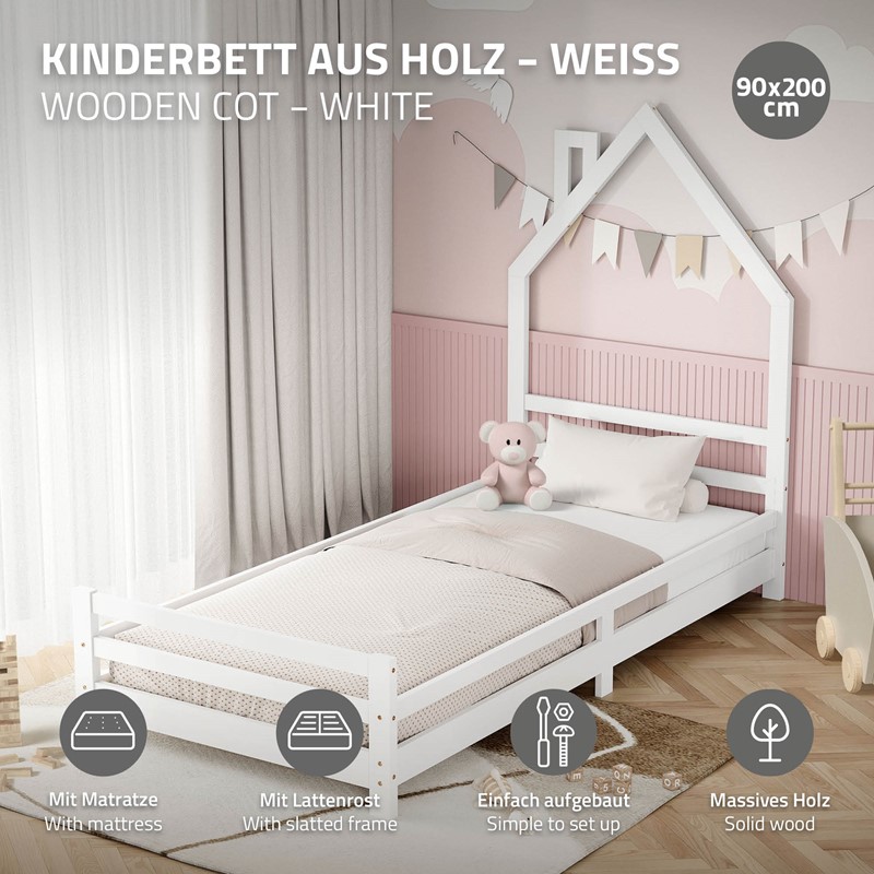 Kinderbett Haus 90x200 cm Weiß mit Matratze H:10cm Holzbett für Kinder mit Lattenrost Schornstein Design ML-Design