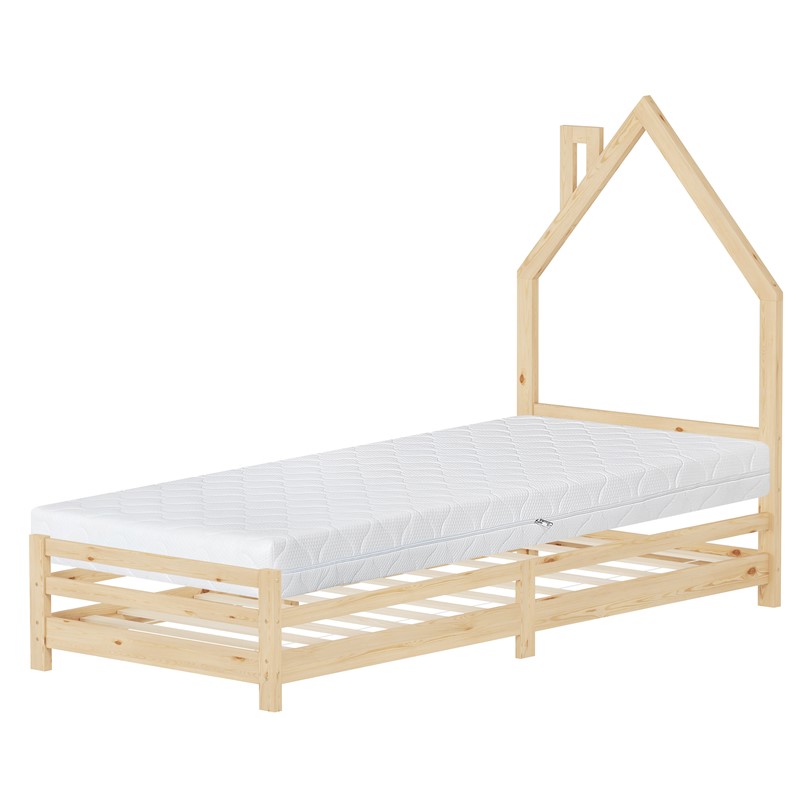 Kinderbett Haus 90x200 cm Natur mit Matratze H:16cm Holzbett für Kinder mit Lattenrost Schornstein Design ML-Design Kinderbett Haus 90x200 cm Natur mit Matratze H:16cm Holzbett für Kinder mit Lattenrost Schornstein Design ML-Design