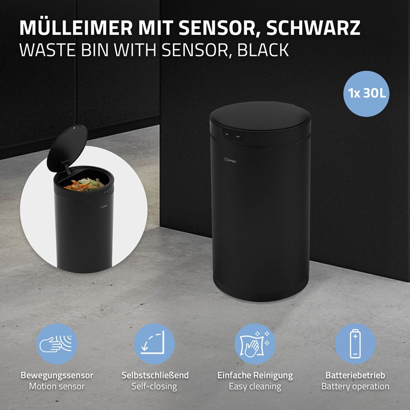 Mülleimer mit Sensor 30L rund aus Stahl Schwarz matt Automatisches Öffnen & Schließen ML-Design