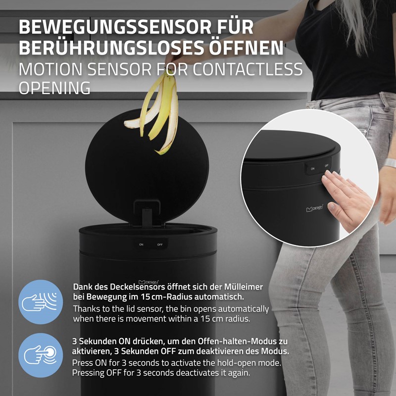 Mülleimer mit Sensor 30L rund aus Stahl Schwarz matt Automatisches Öffnen & Schließen ML-Design