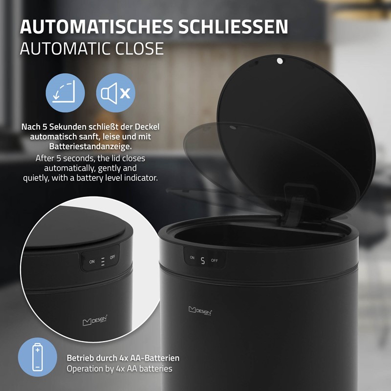 Mülleimer mit Sensor 30L rund aus Stahl Schwarz matt Automatisches Öffnen & Schließen ML-Design