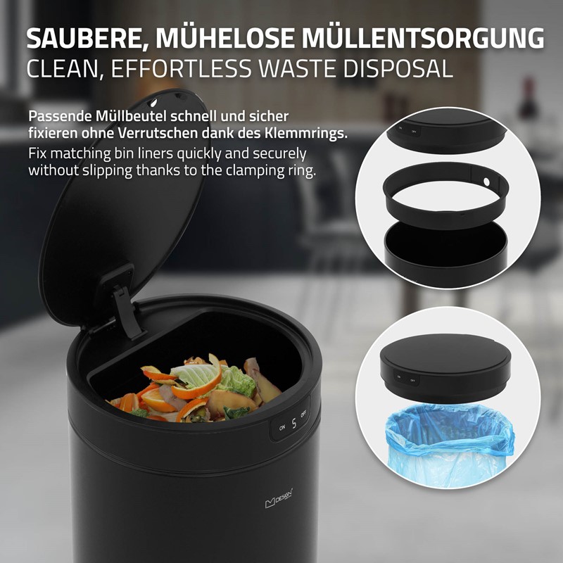 Mülleimer mit Sensor 30L rund aus Stahl Schwarz matt Automatisches Öffnen & Schließen ML-Design
