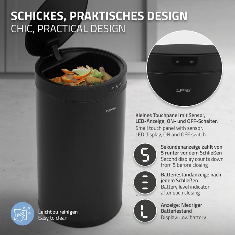 Mülleimer mit Sensor 30L rund aus Stahl Schwarz matt Automatisches Öffnen & Schließen ML-Design