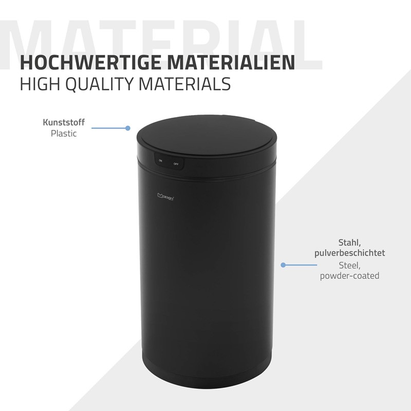 Mülleimer mit Sensor 30L rund aus Stahl Schwarz matt Automatisches Öffnen & Schließen ML-Design