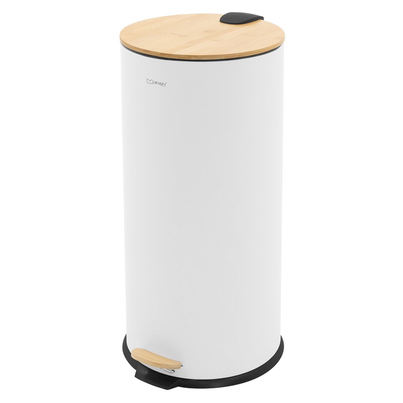 Mülleimer 30L rund mit Fußpedal, Weiß, Stahl, Treteimer mit Bambusdeckel Softclose ML-Design Mülleimer 30L rund mit Fußpedal, Weiß, Stahl, Treteimer mit Bambusdeckel Softclose ML-Design