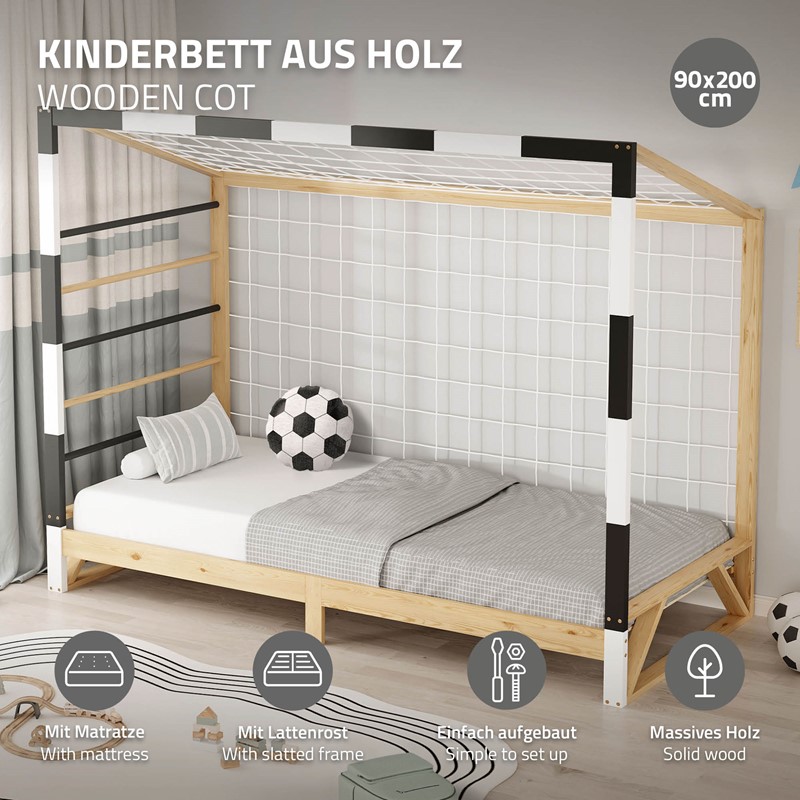 Kinderbett Fußballtor 90x200 cm aus Kiefernholz mit Matratze H:16cm Handballtor mit Lattenrost Kletterleiter & Tornetz ML-Design