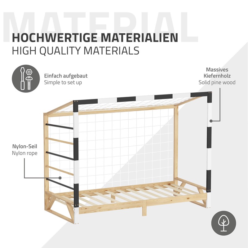 Kinderbett Fußballtor 90x200 cm aus Kiefernholz mit Matratze H:16cm Handballtor mit Lattenrost Kletterleiter & Tornetz ML-Design