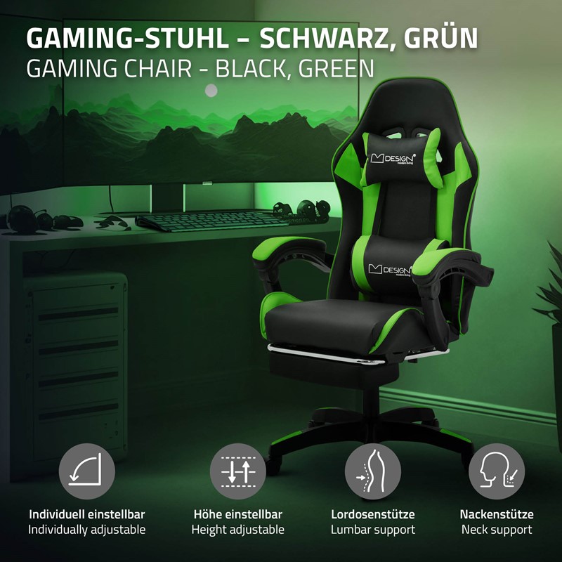 Gaming Stuhl mit Fußstütze und Armlehne Schwarz-Grün, aus Kunstleder ML-Design