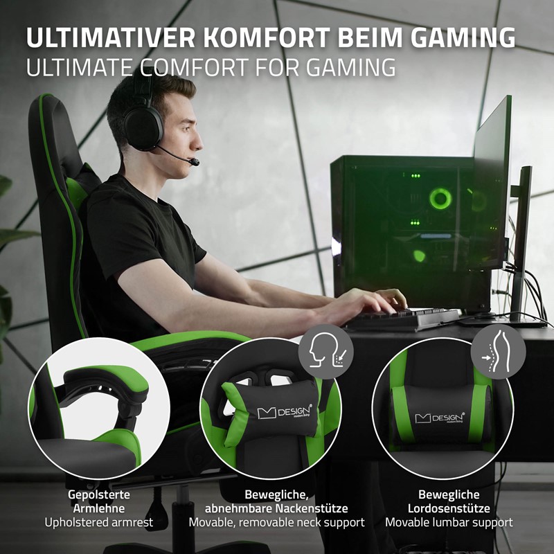 Gaming Stuhl mit Fußstütze und Armlehne Schwarz-Grün, aus Kunstleder ML-Design