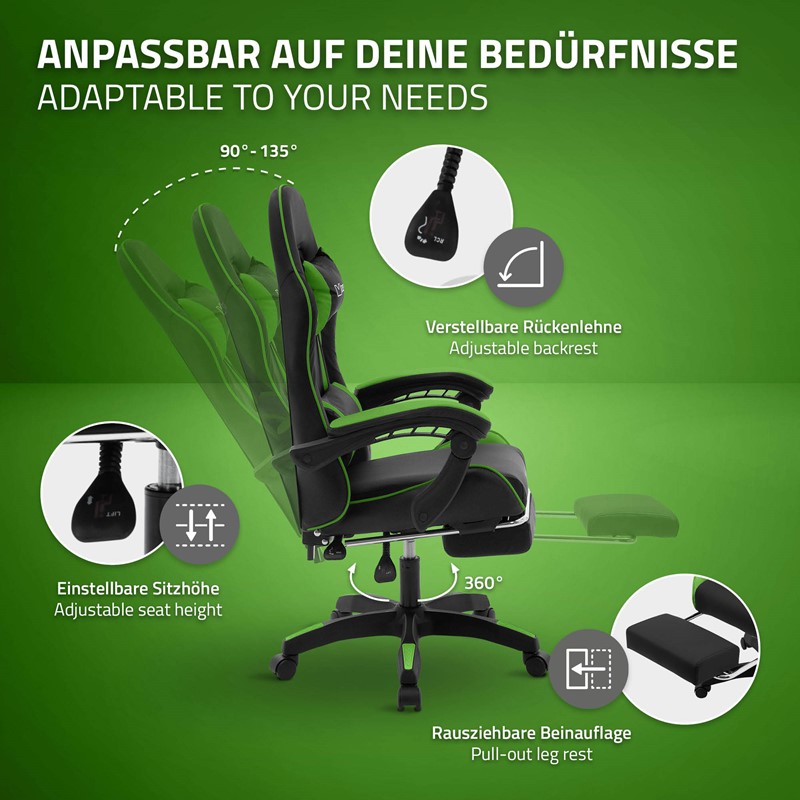 Gaming Stuhl mit Fußstütze und Armlehne Schwarz-Grün, aus Kunstleder ML-Design