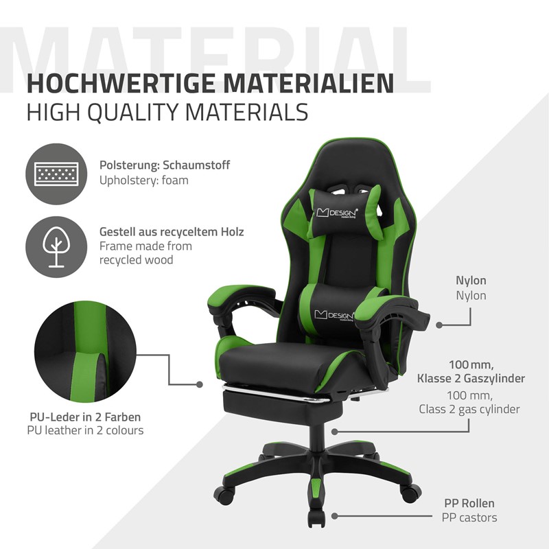 Gaming Stuhl mit Fußstütze und Armlehne Schwarz-Grün, aus Kunstleder ML-Design