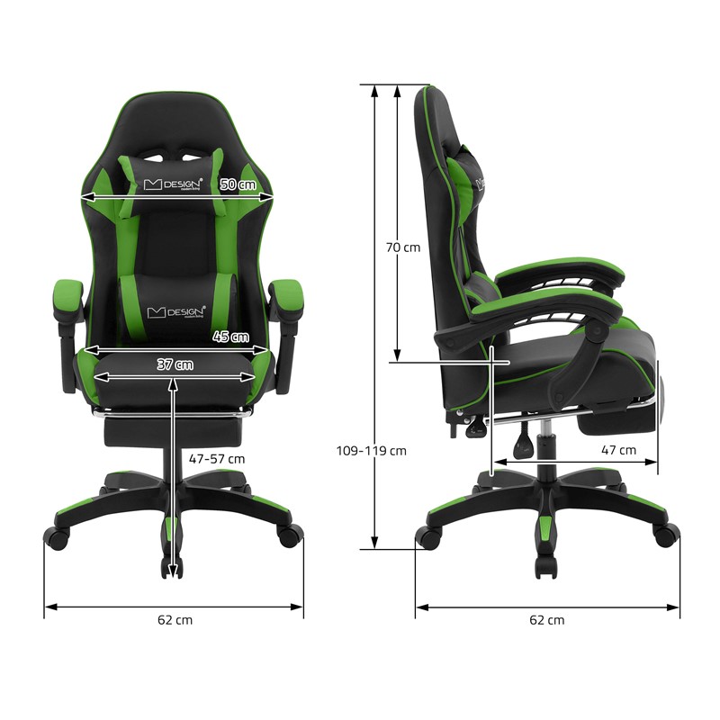 Gaming Stuhl mit Fußstütze und Armlehne Schwarz-Grün, aus Kunstleder ML-Design