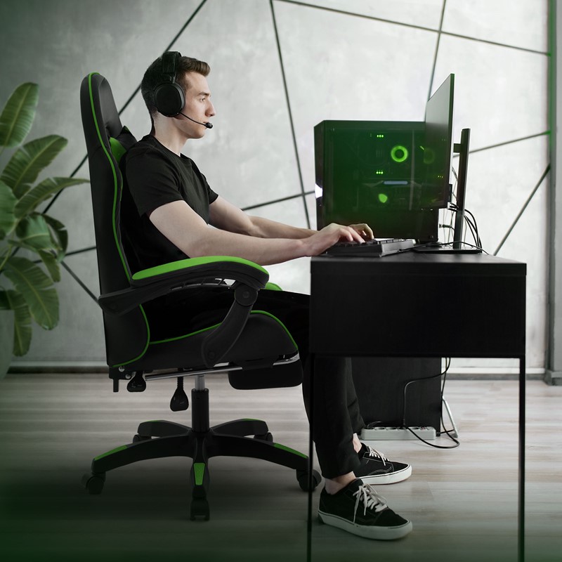 Gaming Stuhl mit Fußstütze und Armlehne Schwarz-Grün, aus Kunstleder ML-Design