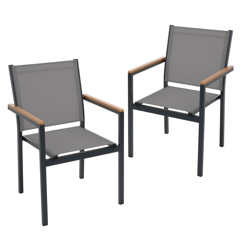 Gartenstühle 2er Set mit Armlehnen Dunkelgrau aus Textilene, Balkonstuhl mit Aluminiumgestell ML-Design Gartenstühle 2er Set mit Armlehnen Dunkelgrau aus Textilene, Balkonstuhl mit Aluminiumgestell ML-Design