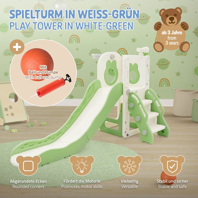 Kinder Spielturm Grün-Weiß 3in1mit Rutsche, Basketballkorb und Kletterwand Indoor/Outdoor ab 3 Jahren Joyz