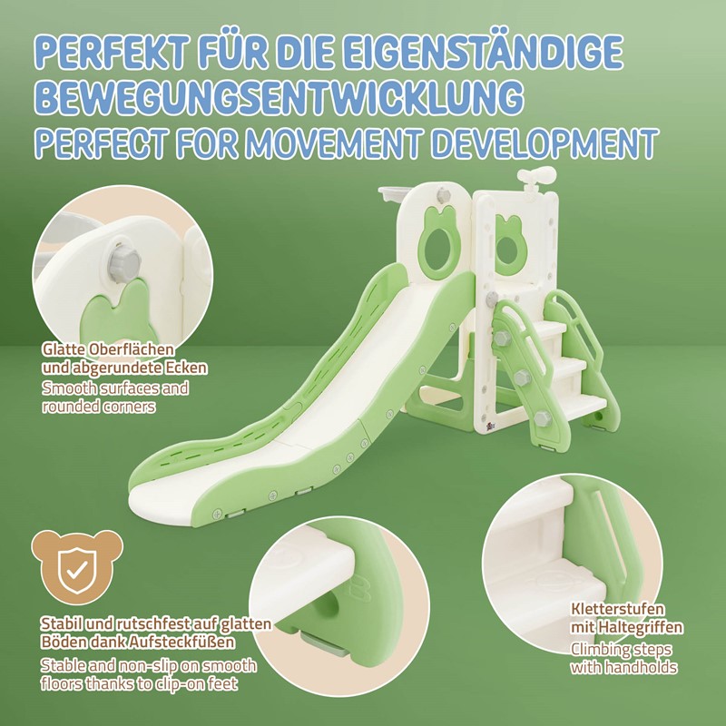 Kinder Spielturm Grün-Weiß 3in1mit Rutsche, Basketballkorb und Kletterwand Indoor/Outdoor ab 3 Jahren Joyz