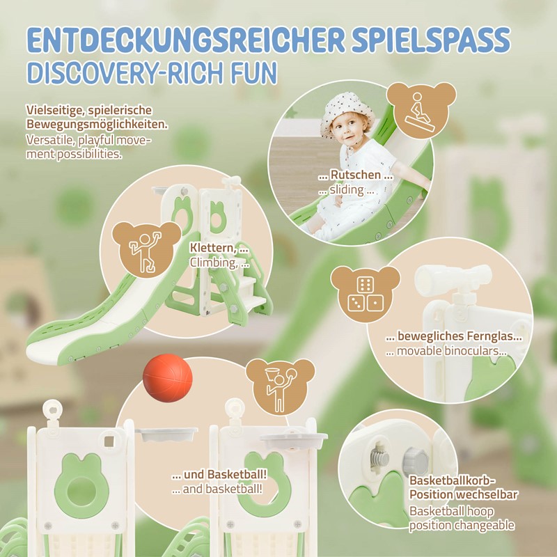 Kinder Spielturm Grün-Weiß 3in1mit Rutsche, Basketballkorb und Kletterwand Indoor/Outdoor ab 3 Jahren Joyz