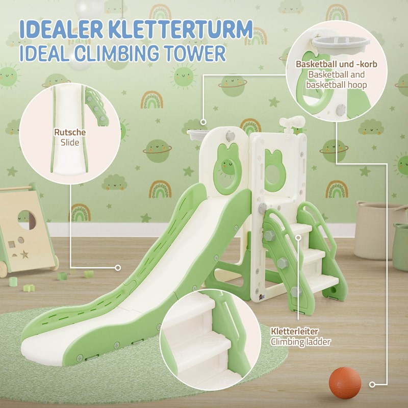 Kinder Spielturm Grün-Weiß 3in1mit Rutsche, Basketballkorb und Kletterwand Indoor/Outdoor ab 3 Jahren Joyz