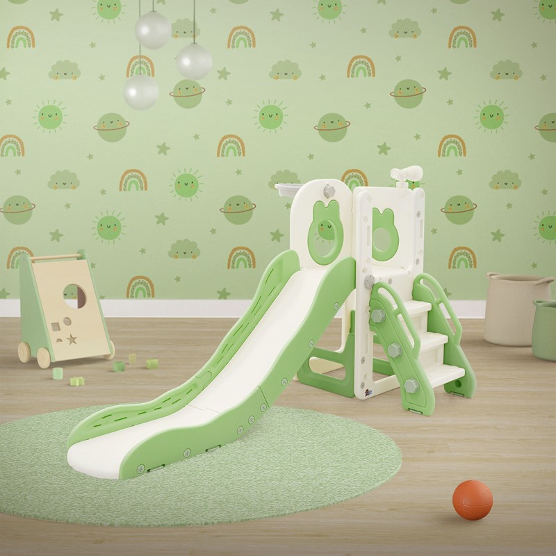 Kinder Spielturm Grün-Weiß 3in1mit Rutsche, Basketballkorb und Kletterwand Indoor/Outdoor ab 3 Jahren Joyz