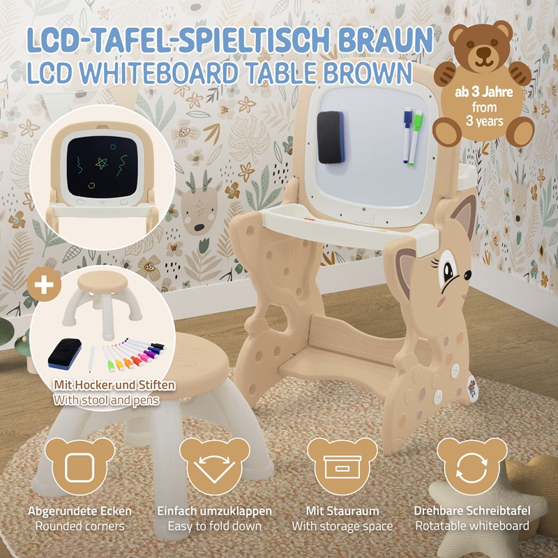 Kindersitzgruppe 3in1 Spieltisch mit 2 Tafeln Kinderhocker und Zubehör Weiß/Braun Joyz