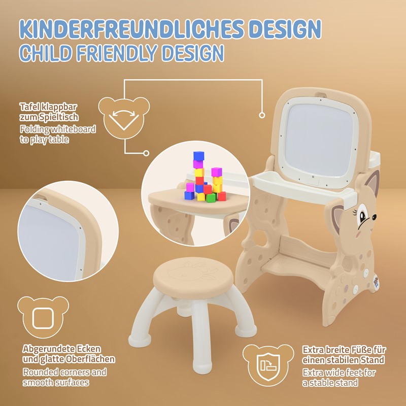 Kindersitzgruppe 3in1 Spieltisch mit 2 Tafeln Kinderhocker und Zubehör Weiß/Braun Joyz