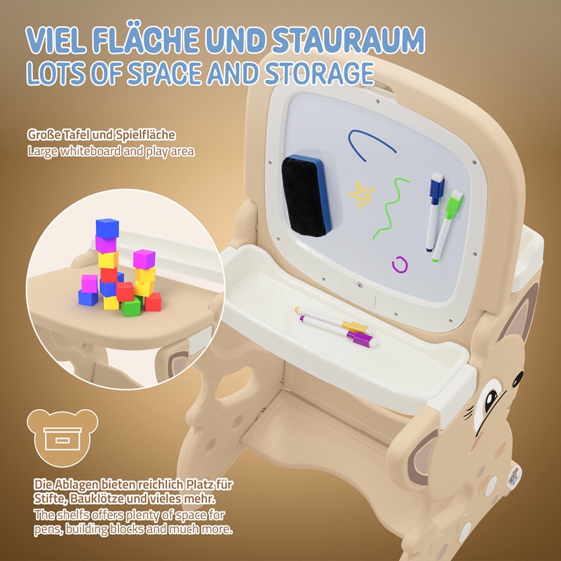 Kindersitzgruppe 3in1 Spieltisch mit 2 Tafeln Kinderhocker und Zubehör Weiß/Braun Joyz