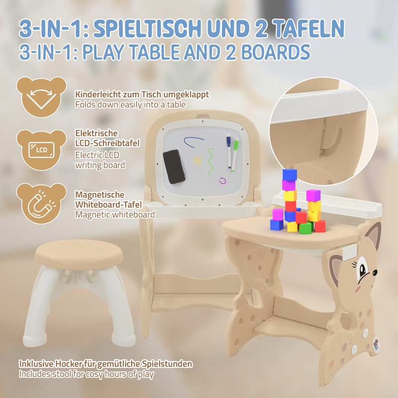 Kindersitzgruppe 3in1 Spieltisch mit 2 Tafeln Kinderhocker und Zubehör Weiß/Braun Joyz