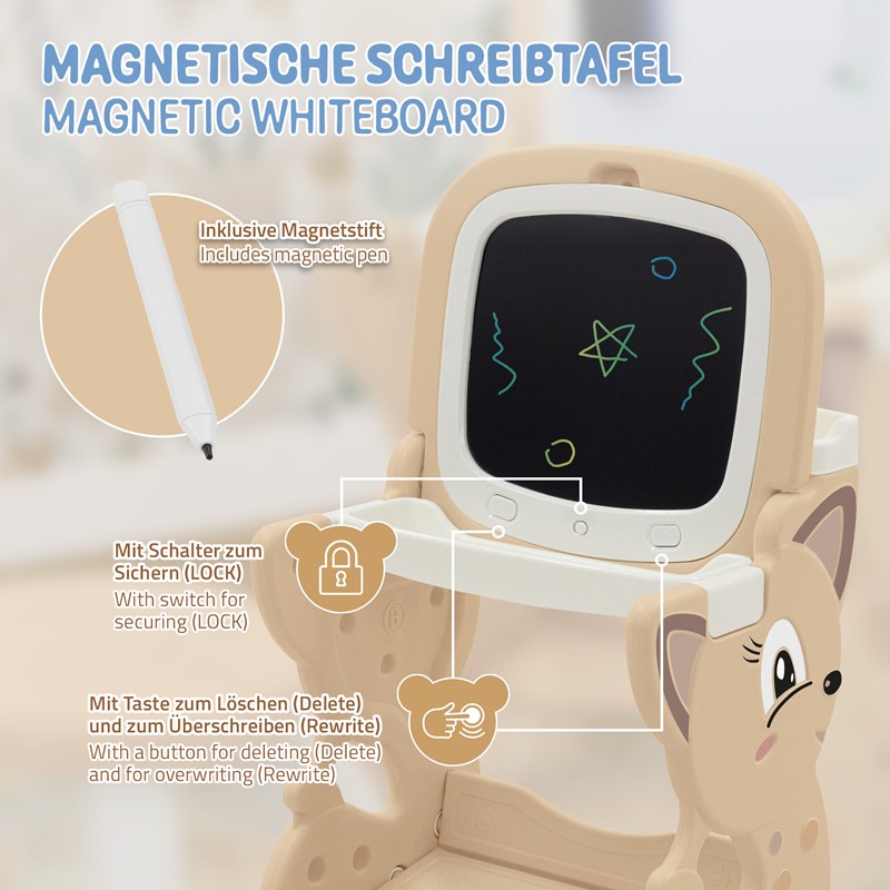Kindersitzgruppe 3in1 Spieltisch mit 2 Tafeln Kinderhocker und Zubehör Weiß/Braun Joyz