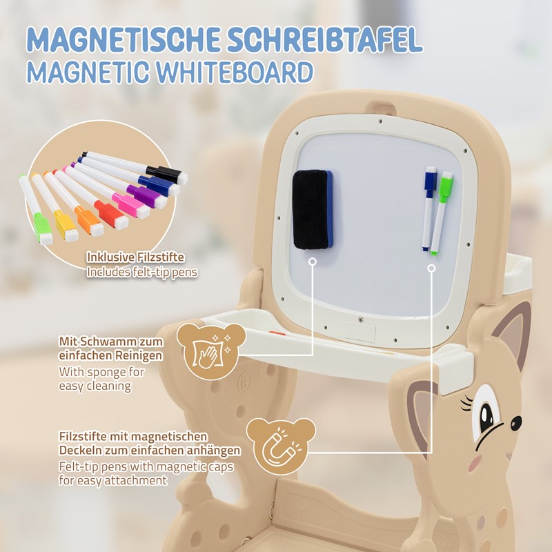Kindersitzgruppe 3in1 Spieltisch mit 2 Tafeln Kinderhocker und Zubehör Weiß/Braun Joyz