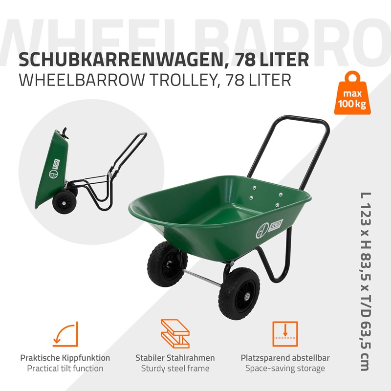 Schubkarrenwagen 78L, Gartenkarre mit Kippfunktion, Bauschubkarre mit Stahlrahmen, 2x PU-Reifen & PP-Wanne, 100 kg Tragkraft