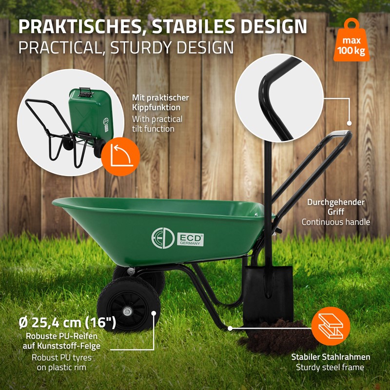 Schubkarrenwagen 78L, Gartenkarre mit Kippfunktion, Bauschubkarre mit Stahlrahmen, 2x PU-Reifen & PP-Wanne, 100 kg Tragkraft