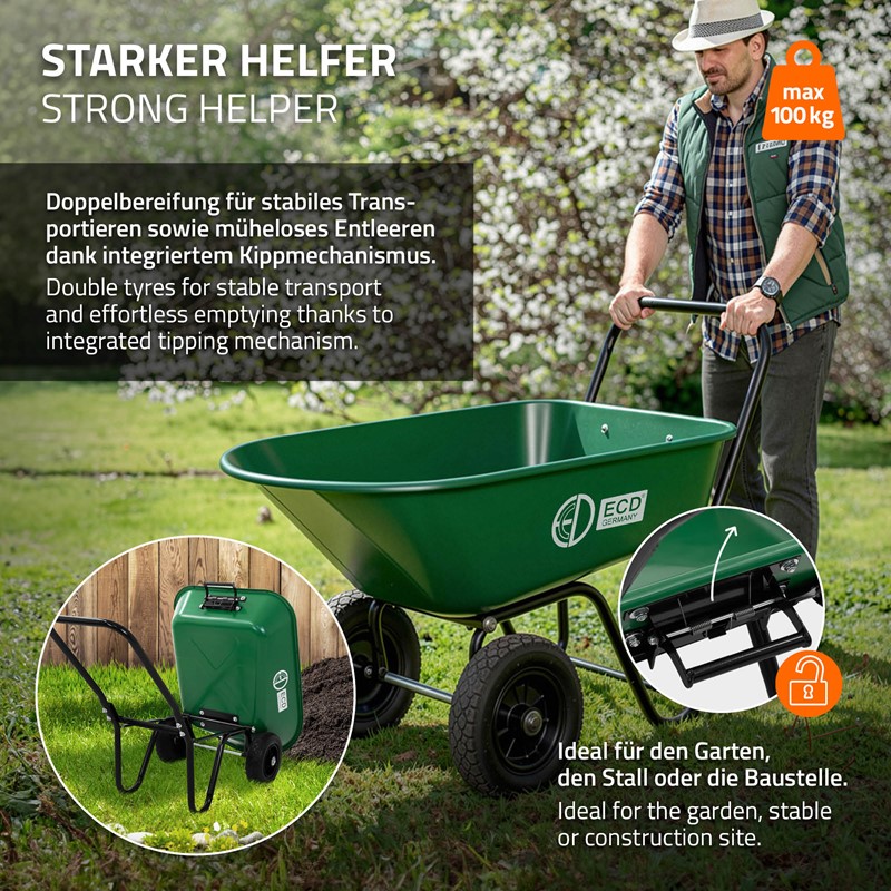 Schubkarrenwagen 78L, Gartenkarre mit Kippfunktion, Bauschubkarre mit Stahlrahmen, 2x PU-Reifen & PP-Wanne, 100 kg Tragkraft