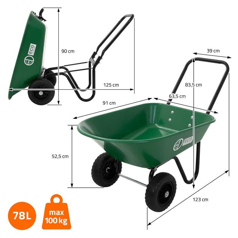 Schubkarrenwagen 78L, Gartenkarre mit Kippfunktion, Bauschubkarre mit Stahlrahmen, 2x PU-Reifen & PP-Wanne, 100 kg Tragkraft