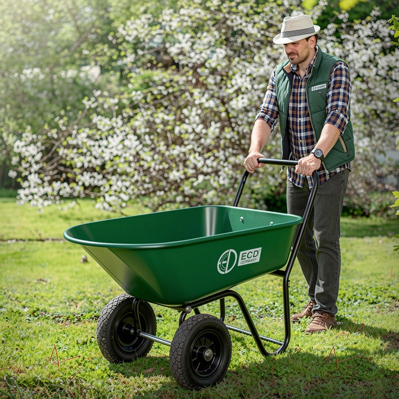 Schubkarrenwagen 78L, Gartenkarre mit Kippfunktion, Bauschubkarre mit Stahlrahmen, 2x PU-Reifen & PP-Wanne, 100 kg Tragkraft