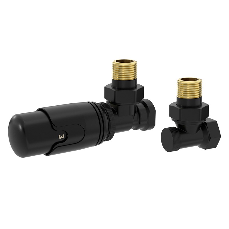 Thermostatventil + Rücklaufverschraubung für Heizkörper Schwarz 1/2\" Eckform Thermostatkopf LuxeBath