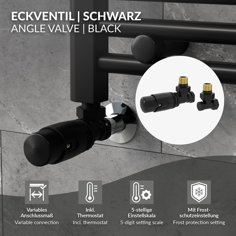 Thermostatventil + Rücklaufverschraubung für Heizkörper Schwarz 1/2\" Eckform Thermostatkopf LuxeBath