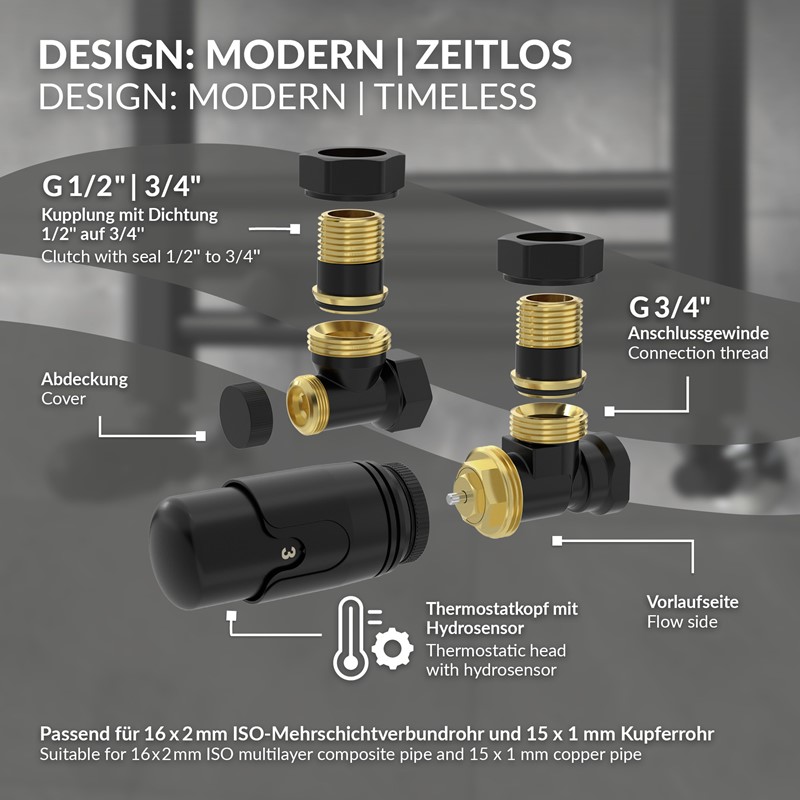 Thermostatventil + Rücklaufverschraubung für Heizkörper Schwarz 1/2\" Eckform Thermostatkopf LuxeBath