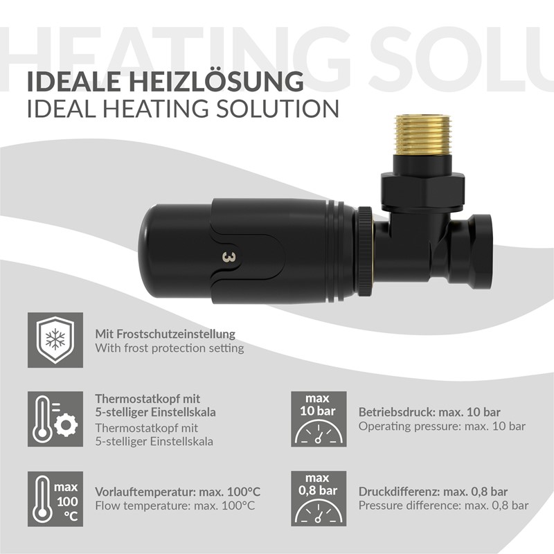 Thermostatventil + Rücklaufverschraubung für Heizkörper Schwarz 1/2\" Eckform Thermostatkopf LuxeBath
