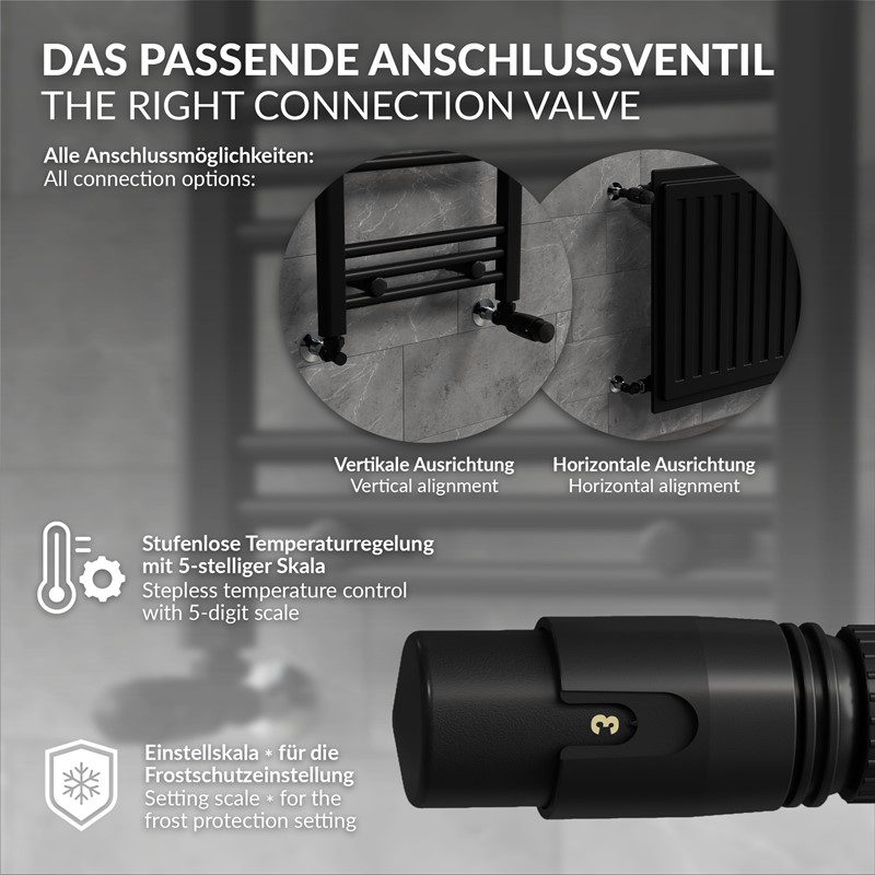 Thermostatventil + Rücklaufverschraubung für Heizkörper Schwarz 1/2\" Eckform Thermostatkopf LuxeBath