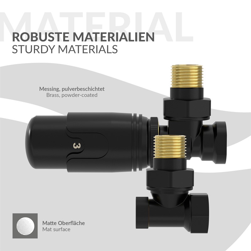 Thermostatventil + Rücklaufverschraubung für Heizkörper Schwarz 1/2\" Eckform Thermostatkopf LuxeBath