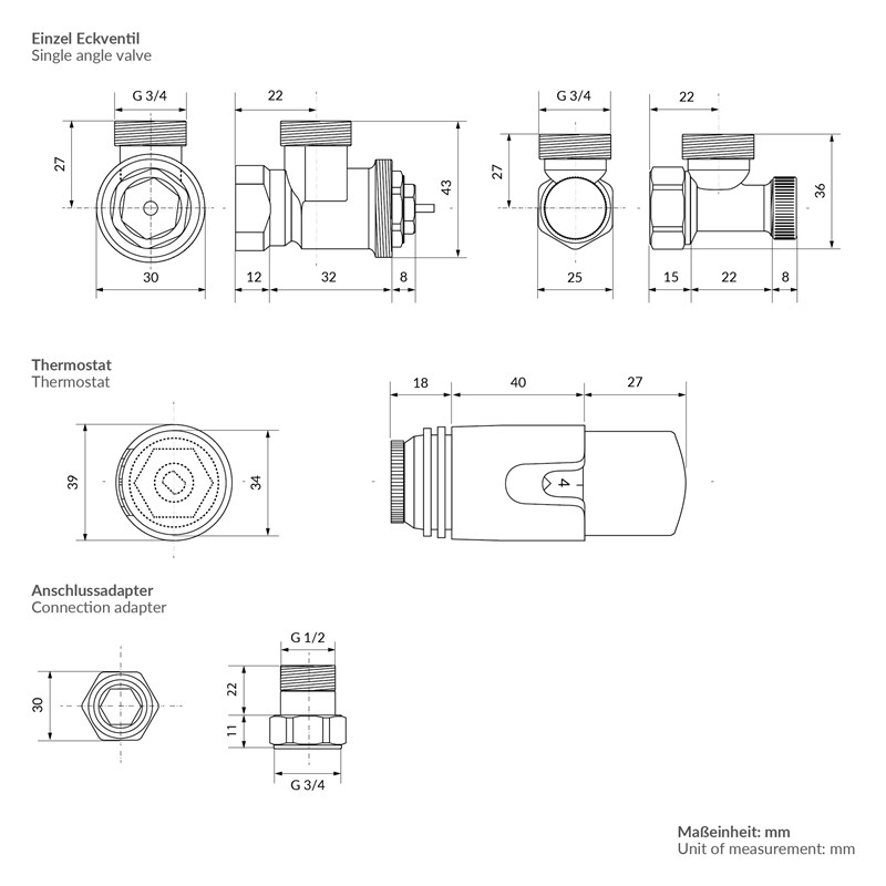 Thermostatventil + Rücklaufverschraubung für Heizkörper Schwarz 1/2\" Eckform Thermostatkopf LuxeBath
