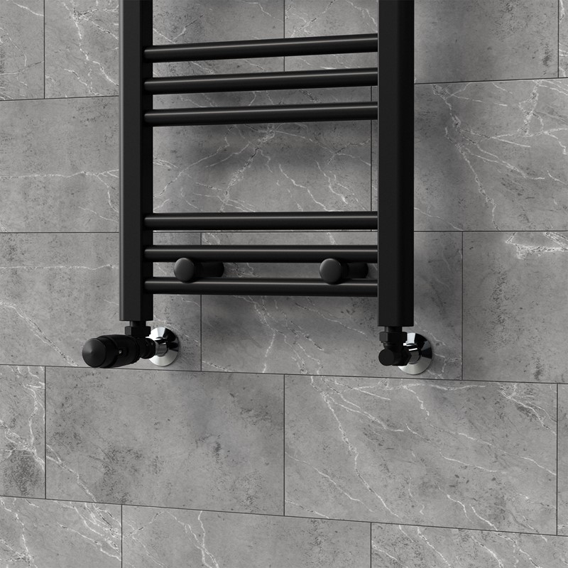 Thermostatventil + Rücklaufverschraubung für Heizkörper Schwarz 1/2\" Eckform Thermostatkopf LuxeBath